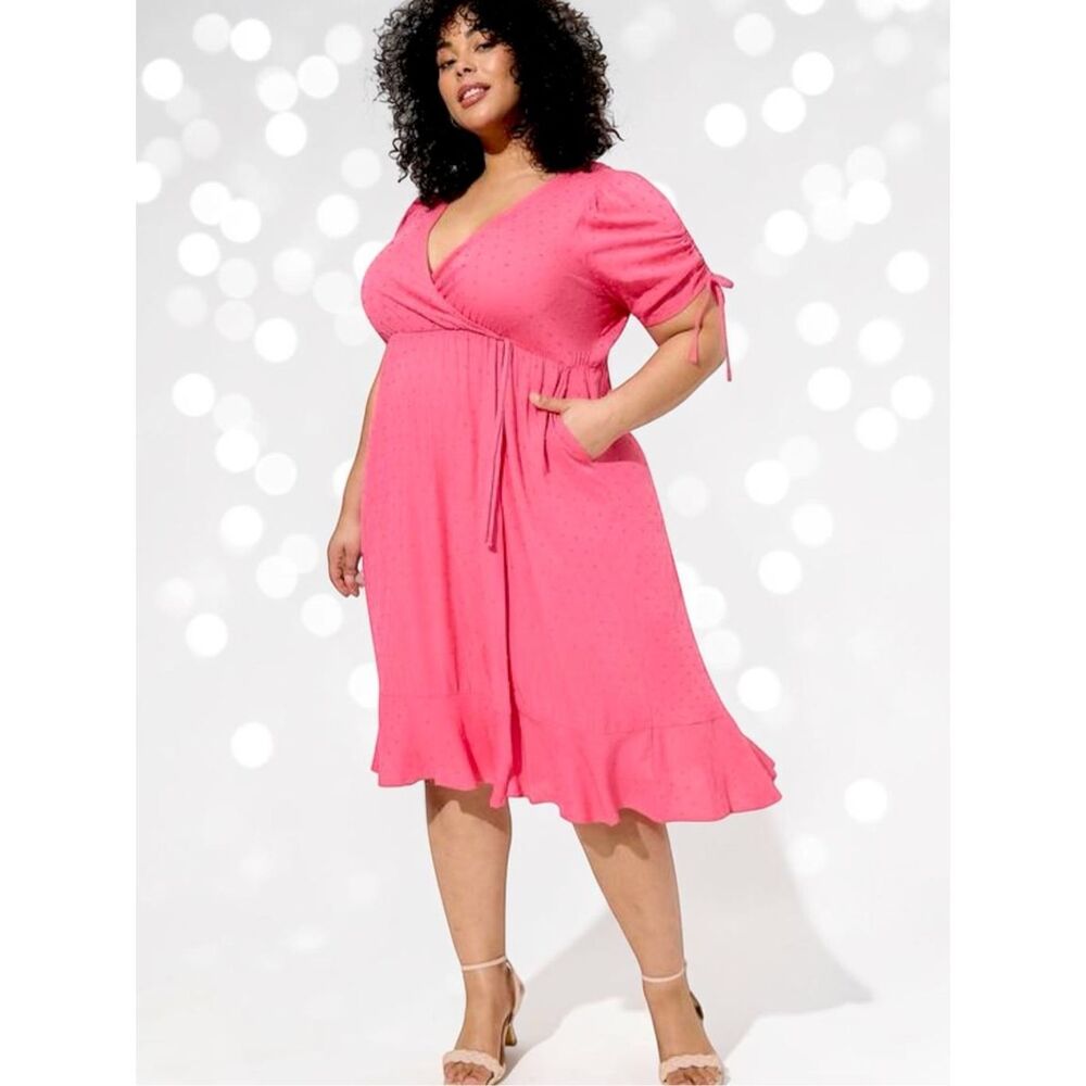 Torrid Pink Swiss Dot Midi Dress Plus Size Surplice Wrap Tie Sleeve Pockets NWT - Picture 2 of 13